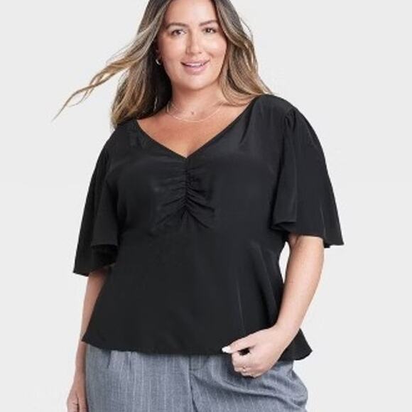 A New Day Flutter Sleeve V-neck Black Tie Back Blouse Size Medium - Picture 2 of 9